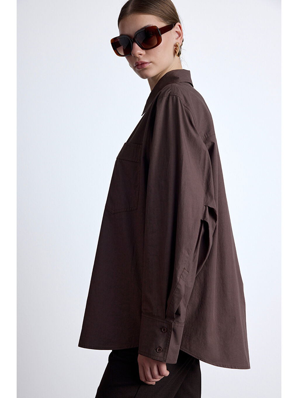 Pile Detaylı Oversıze Gömlek Kahverengi-3