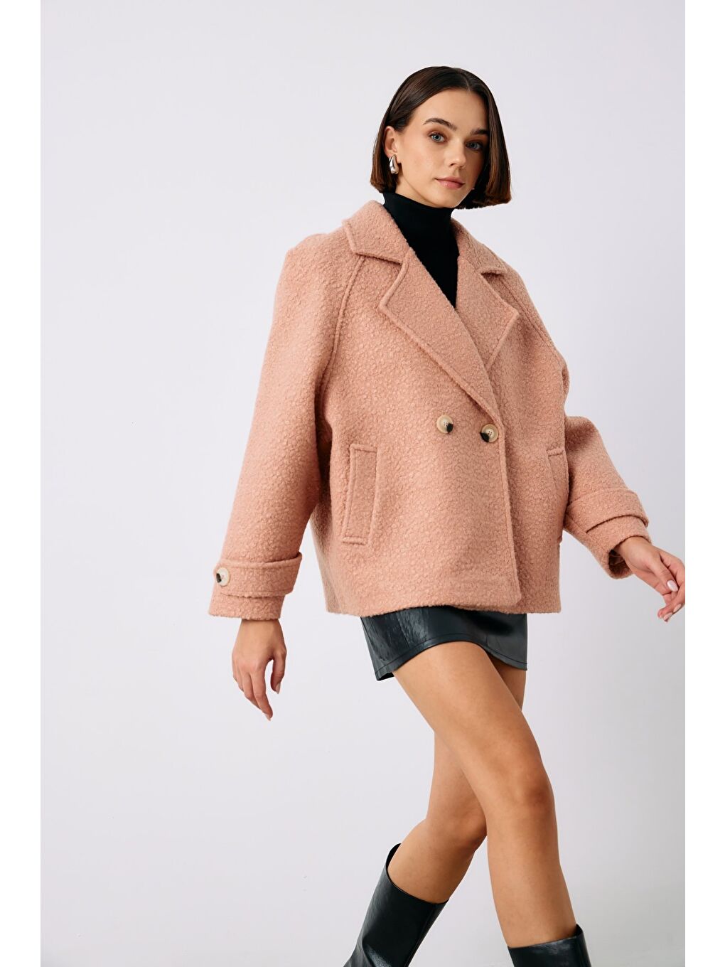 Pembe Buklet Kısa Kaban - Pudra-3