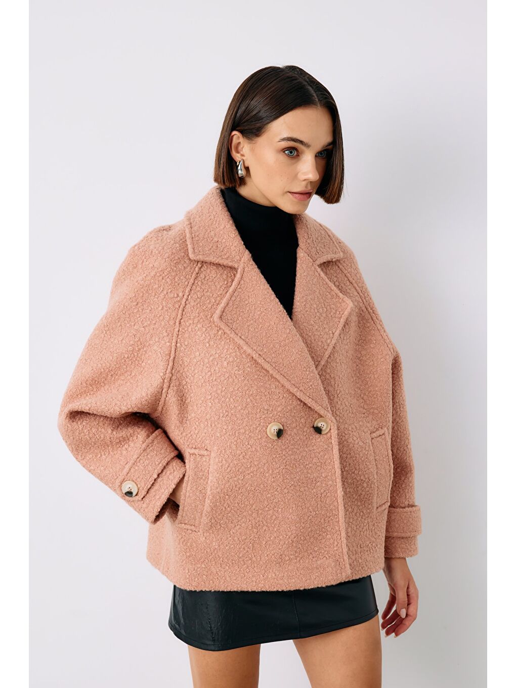 Pembe Buklet Kısa Kaban - Pudra-4