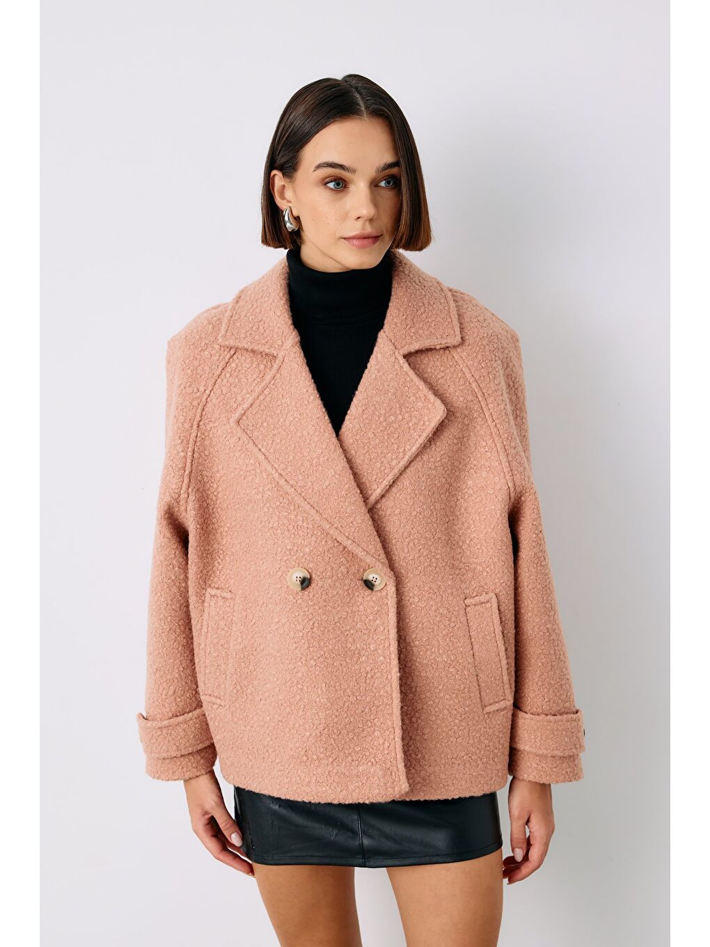 Pembe Buklet Kısa Kaban - Pudra-5