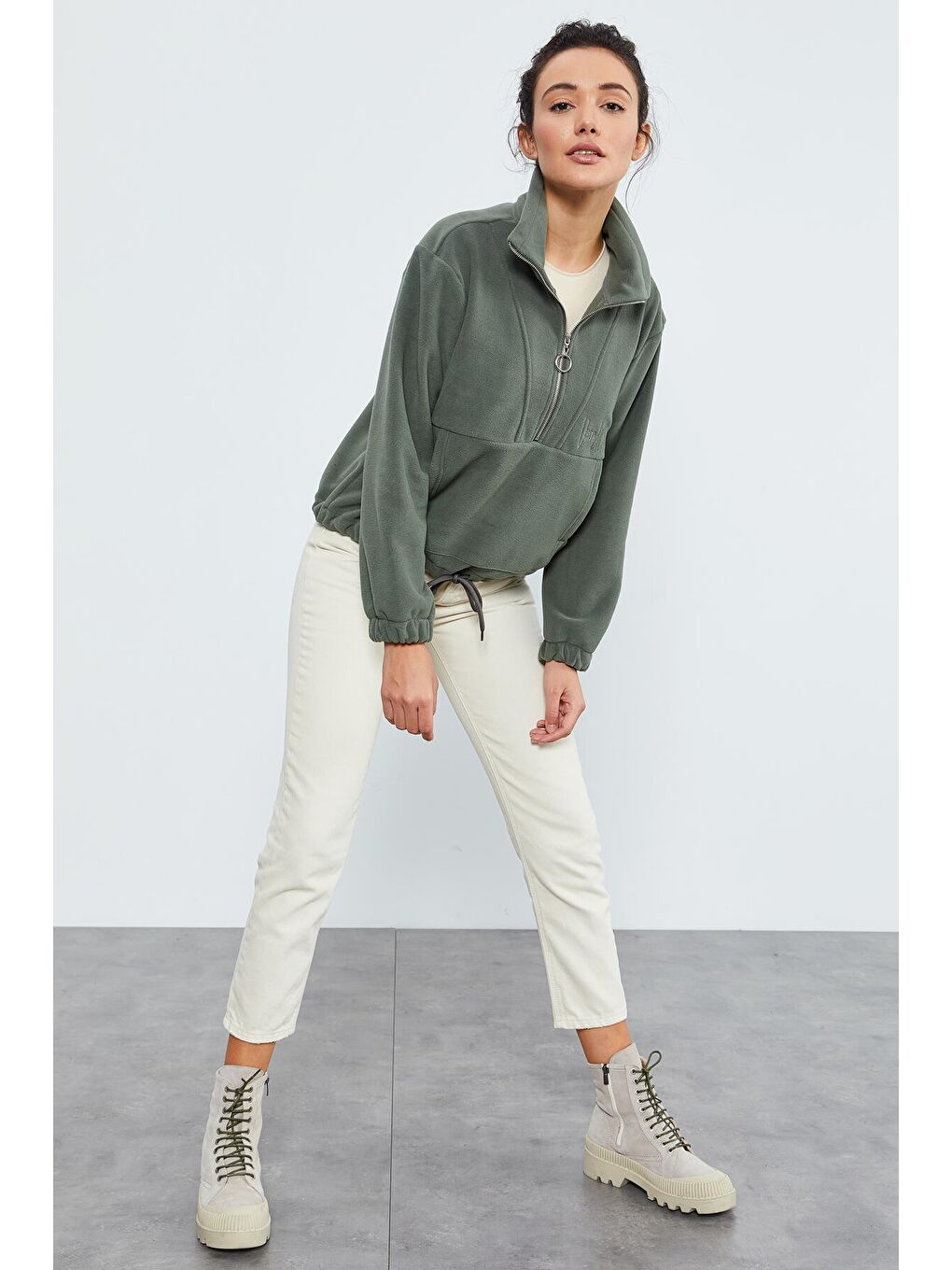 Yeşil Çağla Yarım Fermuar Etek Ucu Büzgülü Kadın Polar Oversize Sweatshirt - 97171-1