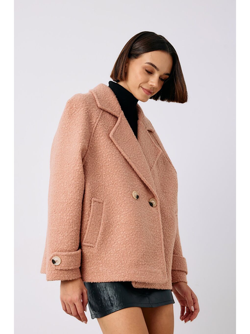 Pembe Buklet Kısa Kaban - Pudra-6