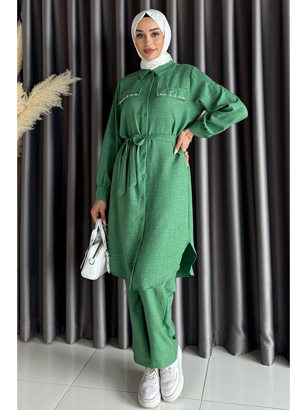 Yeşil Kadın İnci Ve Taş İşlemeli Kuşak Detaylı Tunik Pantolon Tesettür İkili Takım-1