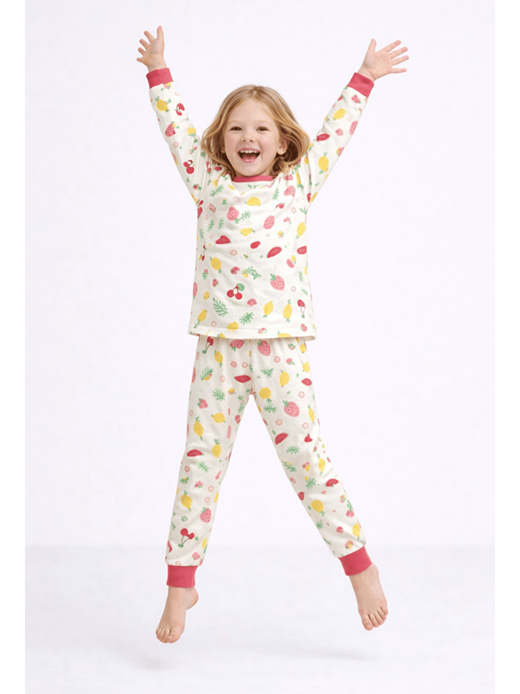 Ekru Bisiklet Yaka Uzun Kollu Kız Çocuk Pijama Takımı