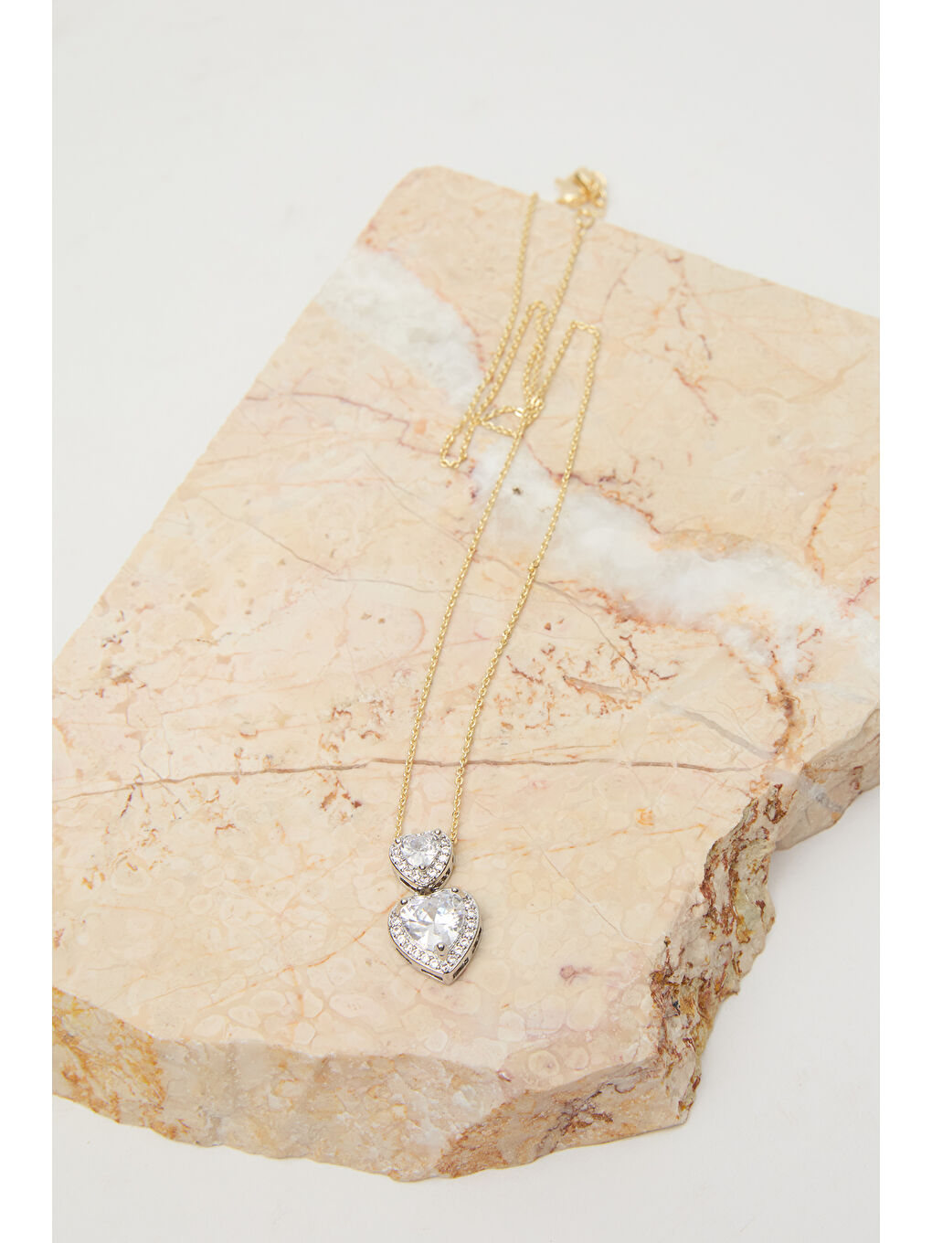 Beyaz Taşlı Kalp Kolye Açık Sarı-1