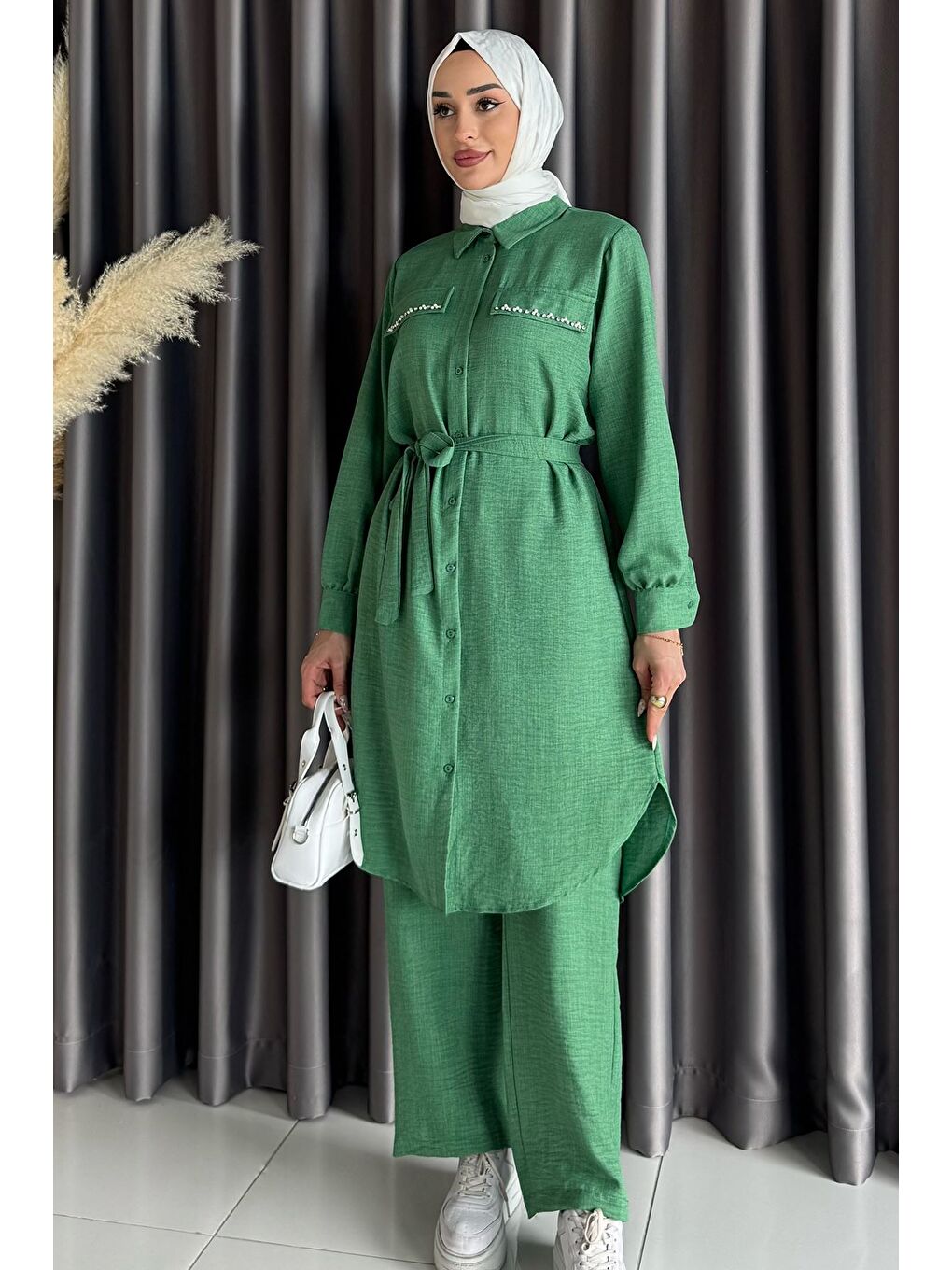 Yeşil Kadın İnci Ve Taş İşlemeli Kuşak Detaylı Tunik Pantolon Tesettür İkili Takım-2