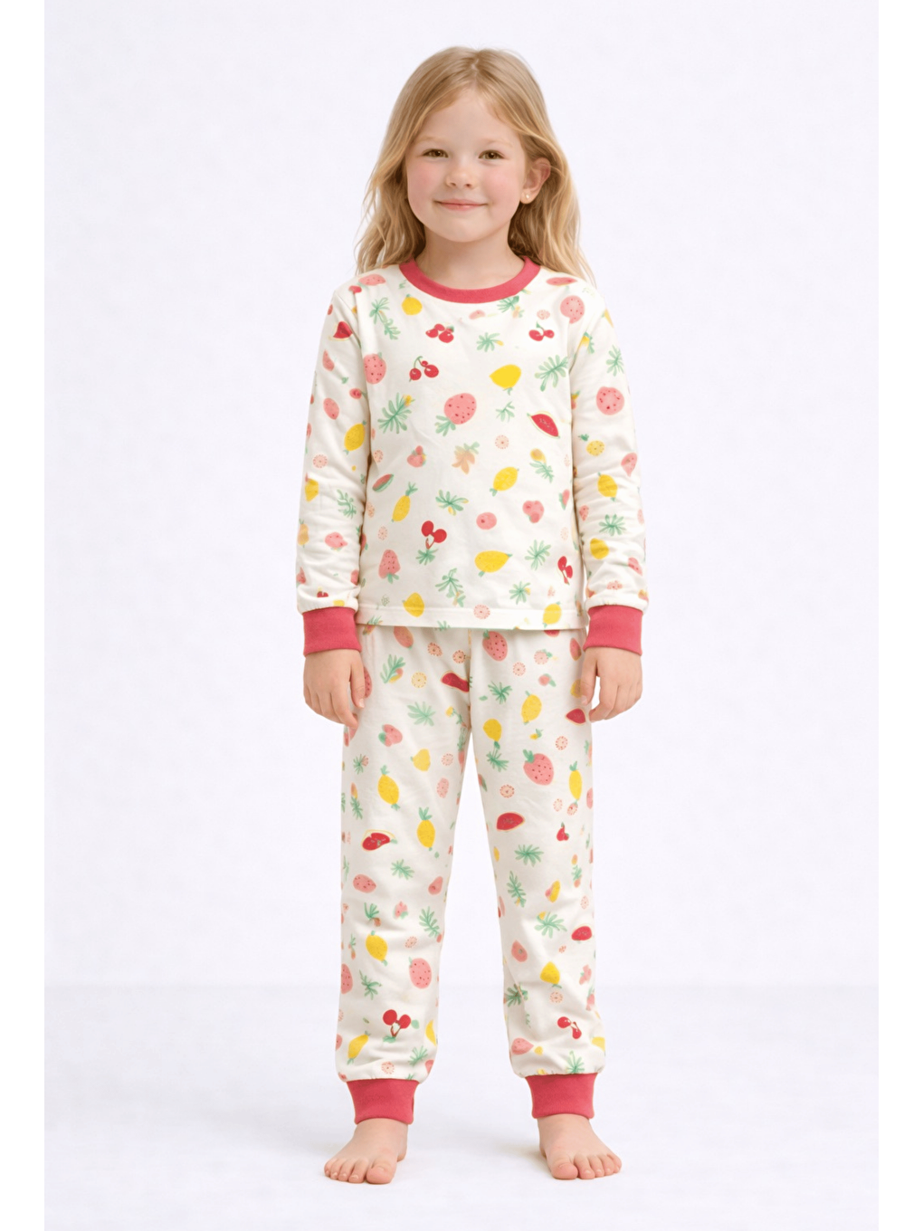 Ekru Bisiklet Yaka Uzun Kollu Kız Çocuk Pijama Takımı-1