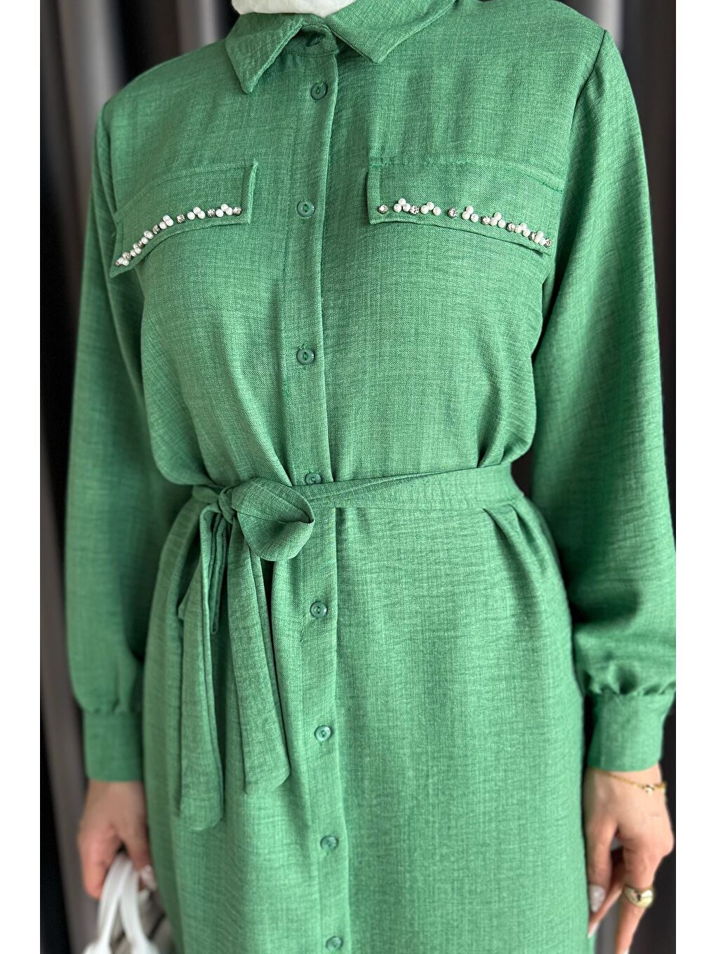 Yeşil Kadın İnci Ve Taş İşlemeli Kuşak Detaylı Tunik Pantolon Tesettür İkili Takım-4