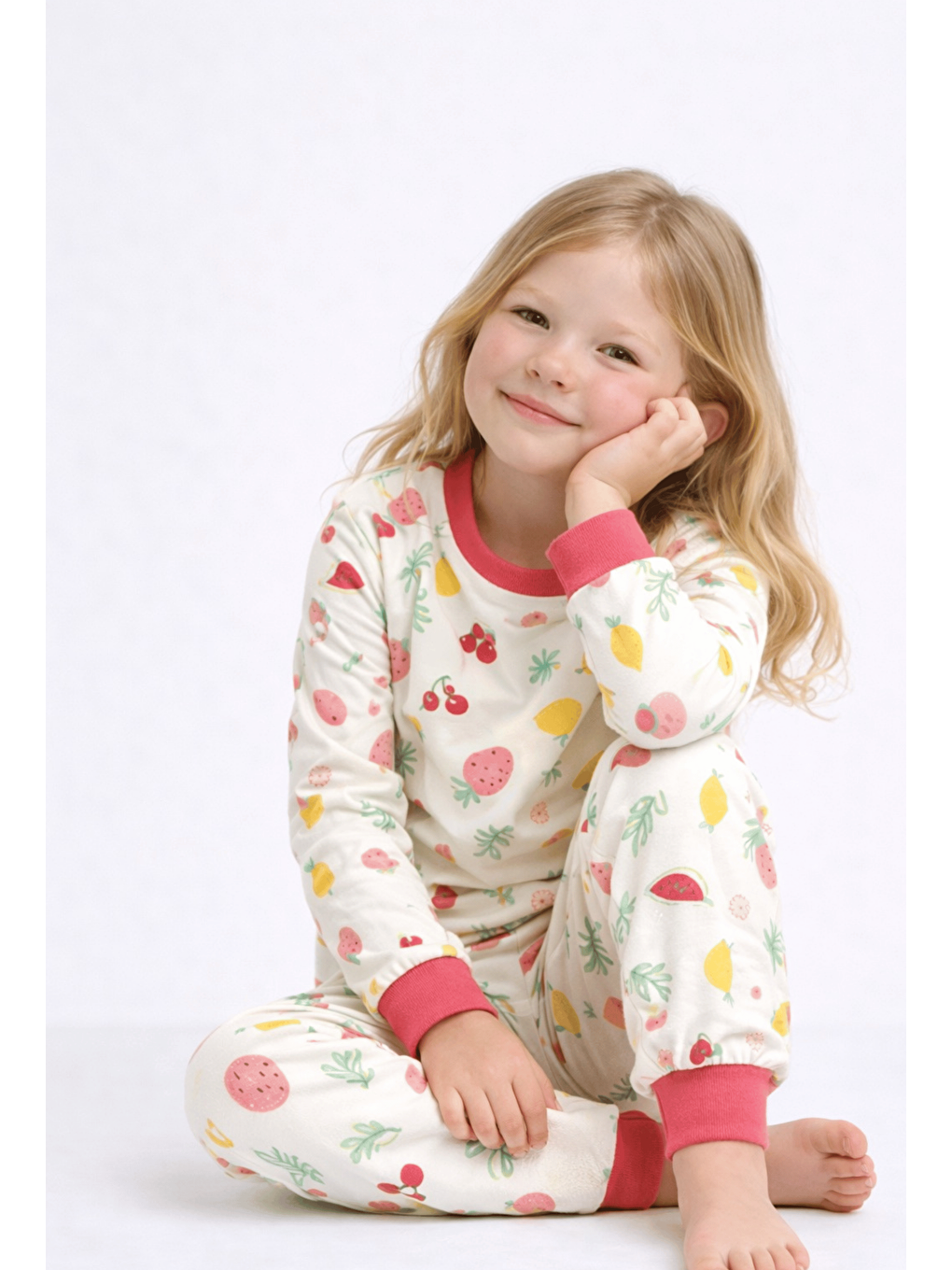 Ekru Bisiklet Yaka Uzun Kollu Kız Çocuk Pijama Takımı-2