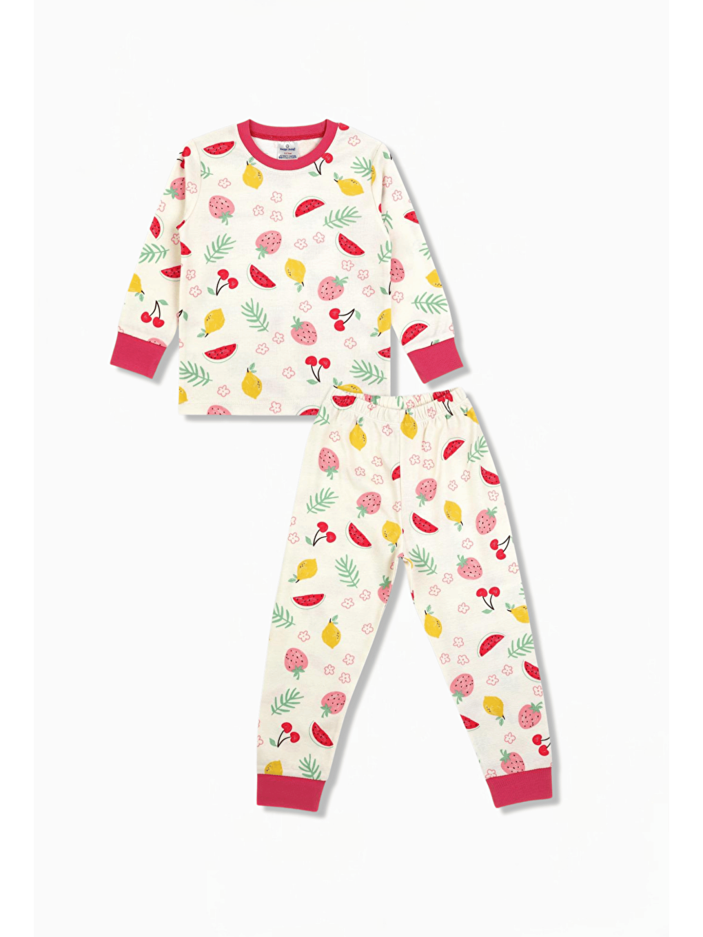 Ekru Bisiklet Yaka Uzun Kollu Kız Çocuk Pijama Takımı-3