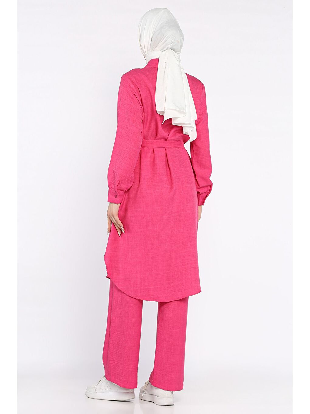 Fuşya Kadın İnci Ve Taş İşlemeli Kuşak Detaylı Tunik Pantolon Tesettür İkili Takım-4