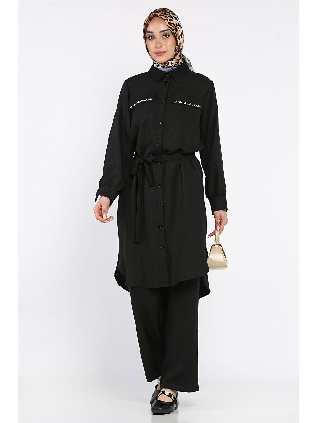 Siyah Kadın İnci Ve Taş İşlemeli Kuşak Detaylı Tunik Pantolon Tesettür İkili Takım-1