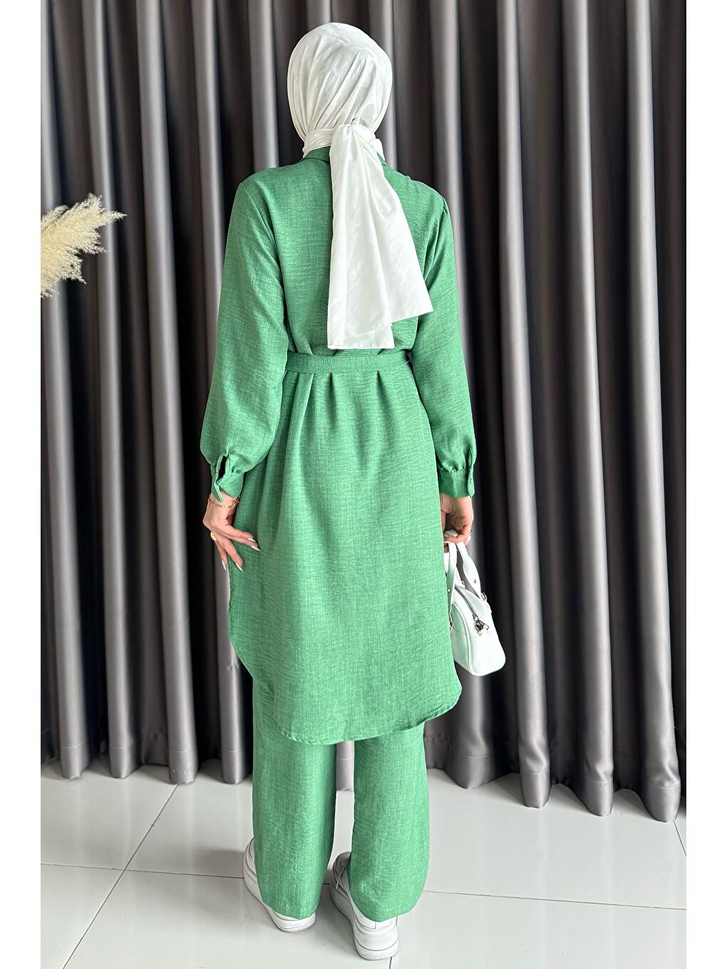 Yeşil Kadın İnci Ve Taş İşlemeli Kuşak Detaylı Tunik Pantolon Tesettür İkili Takım-7