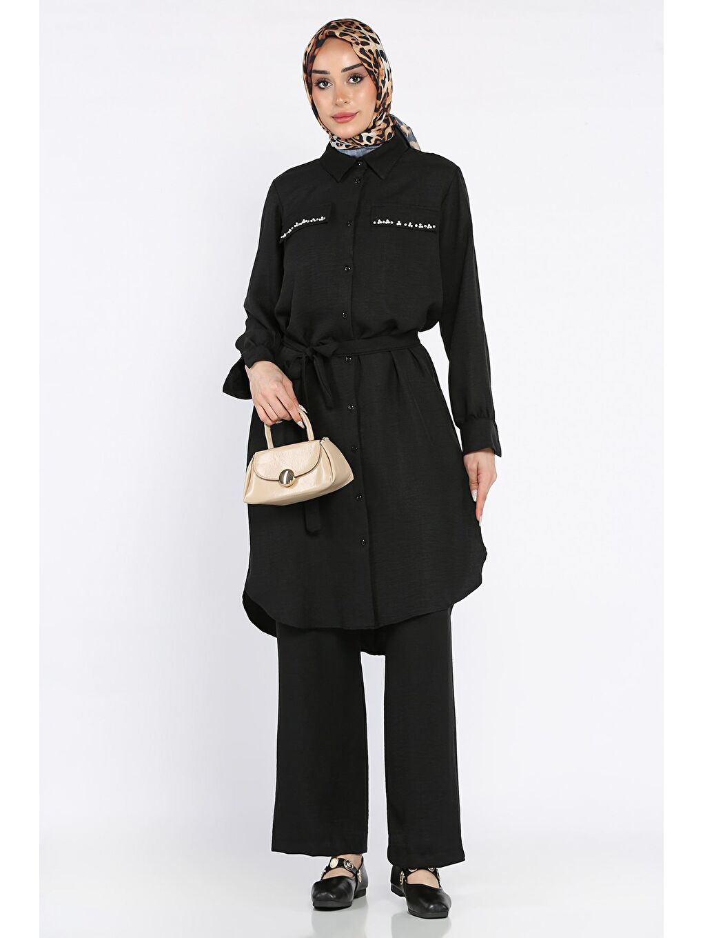 Siyah Kadın İnci Ve Taş İşlemeli Kuşak Detaylı Tunik Pantolon Tesettür İkili Takım-2