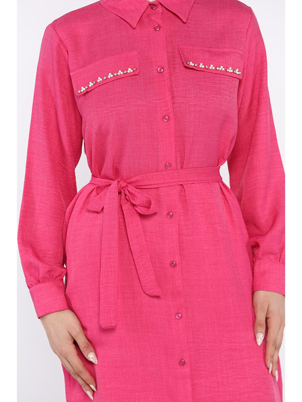 Fuşya Kadın İnci Ve Taş İşlemeli Kuşak Detaylı Tunik Pantolon Tesettür İkili Takım-6