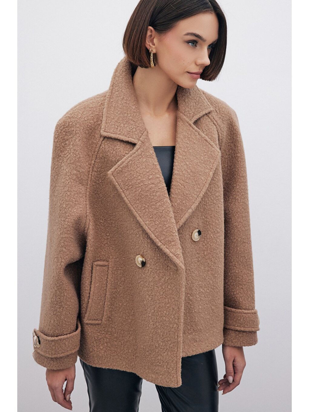 Kahverengi Buklet Kısa Kaban - Camel-2