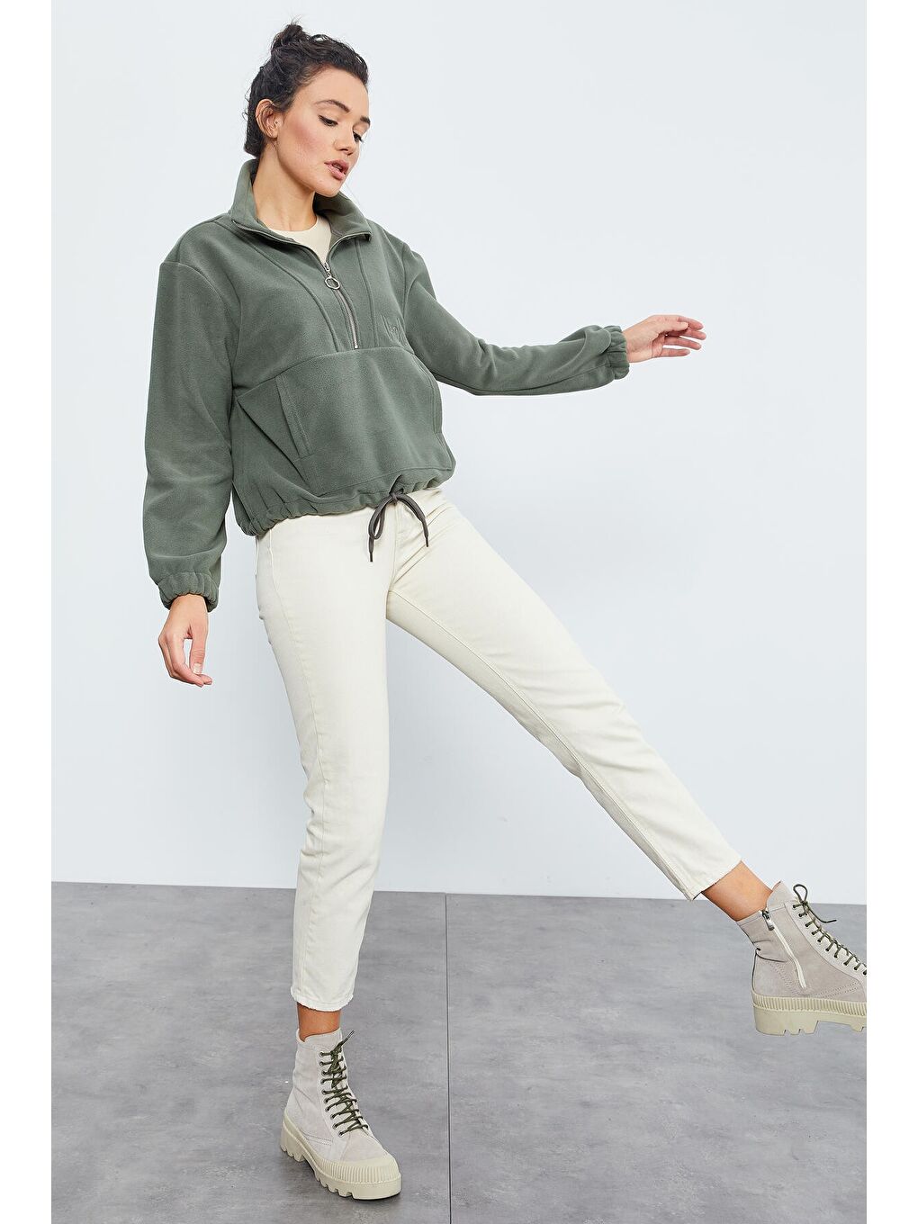 Yeşil Çağla Yarım Fermuar Etek Ucu Büzgülü Kadın Polar Oversize Sweatshirt - 97171-3