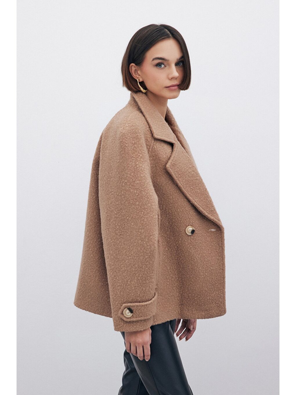 Kahverengi Buklet Kısa Kaban - Camel-3