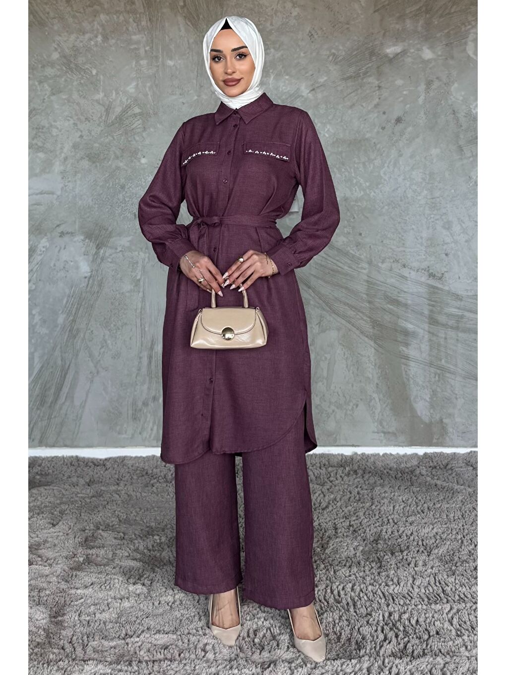 Mürdüm Kadın İnci Ve Taş İşlemeli Kuşak Detaylı Tunik Pantolon Tesettür İkili Takım-1
