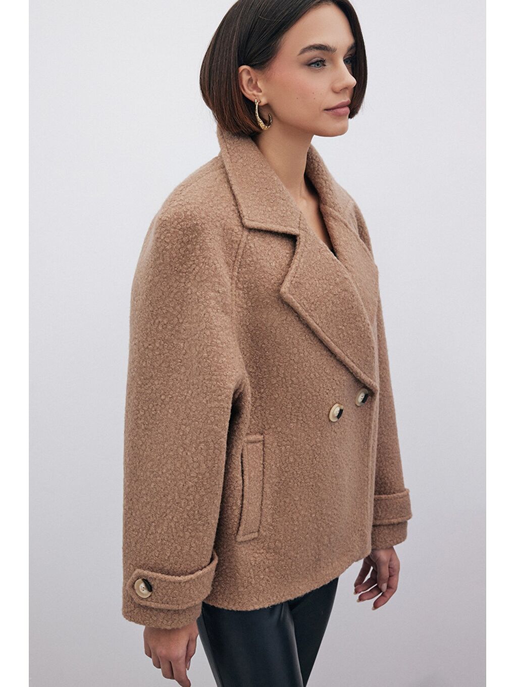 Kahverengi Buklet Kısa Kaban - Camel-4