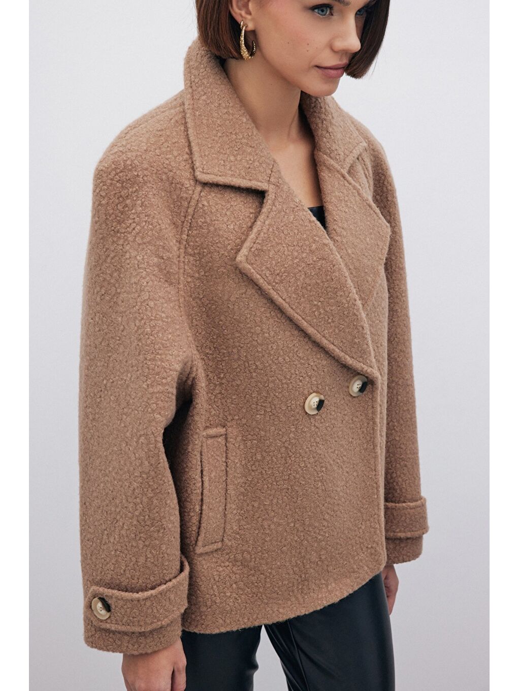 Kahverengi Buklet Kısa Kaban - Camel-5