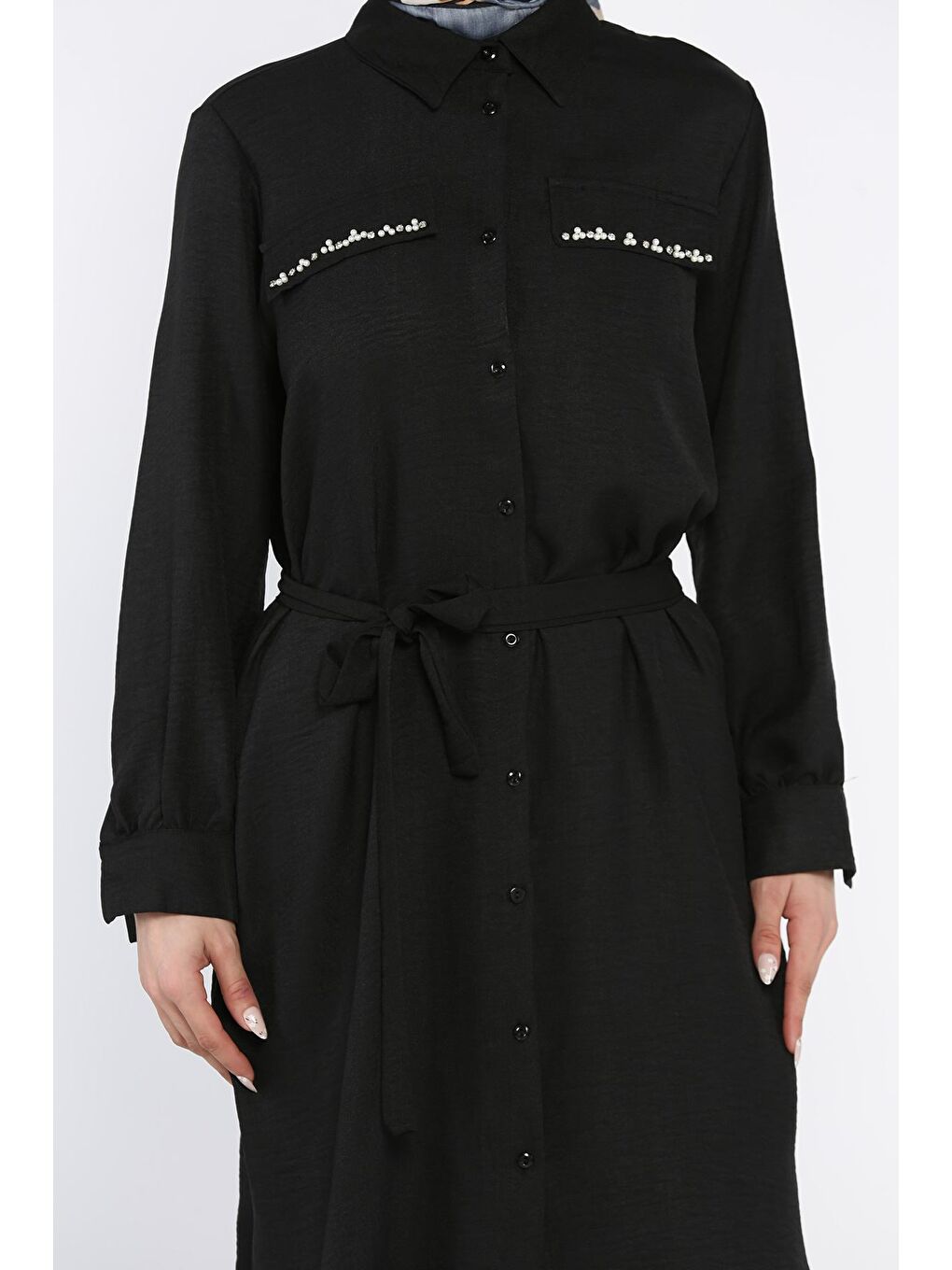 Siyah Kadın İnci Ve Taş İşlemeli Kuşak Detaylı Tunik Pantolon Tesettür İkili Takım-7