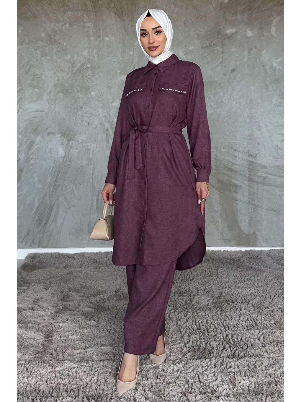 Mürdüm Kadın İnci Ve Taş İşlemeli Kuşak Detaylı Tunik Pantolon Tesettür İkili Takım-3