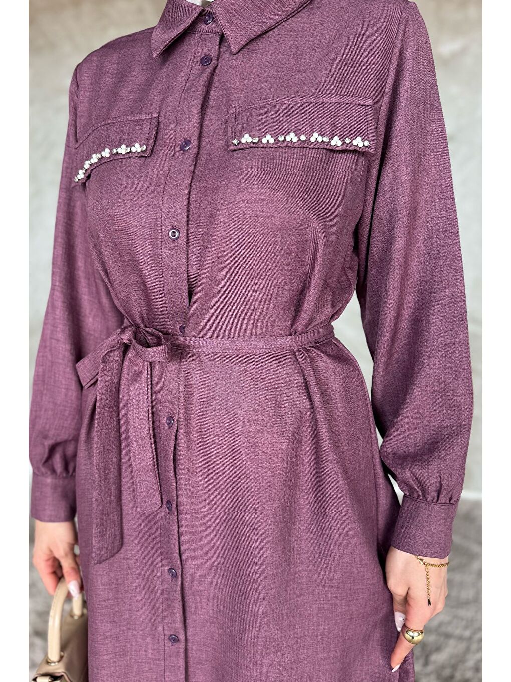 Mürdüm Kadın İnci Ve Taş İşlemeli Kuşak Detaylı Tunik Pantolon Tesettür İkili Takım-5