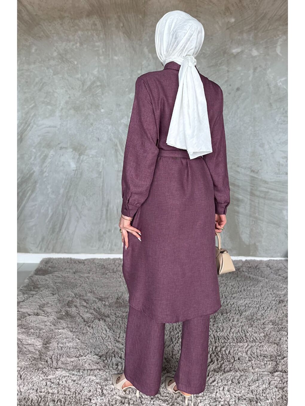 Mürdüm Kadın İnci Ve Taş İşlemeli Kuşak Detaylı Tunik Pantolon Tesettür İkili Takım-6