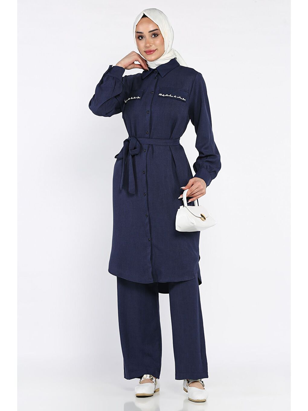 Lacivert Kadın İnci Ve Taş İşlemeli Kuşak Detaylı Tunik Pantolon Tesettür İkili Takım-3