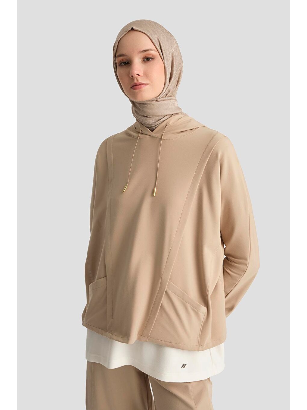 Bej Kapüşonlu Sweatshirt 25Yd3740 Vizon