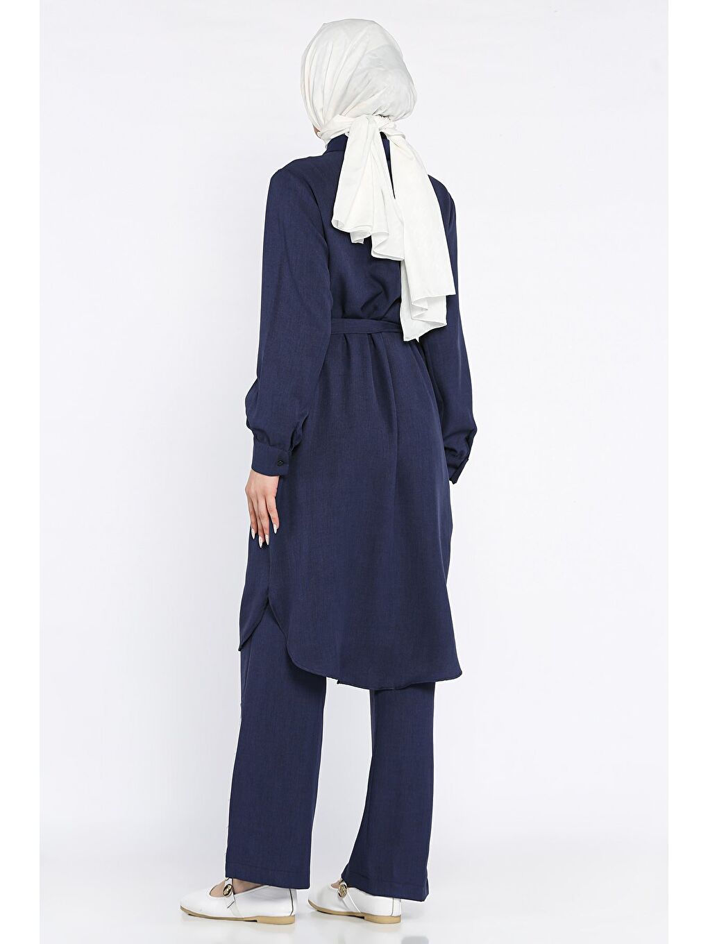 Lacivert Kadın İnci Ve Taş İşlemeli Kuşak Detaylı Tunik Pantolon Tesettür İkili Takım-5