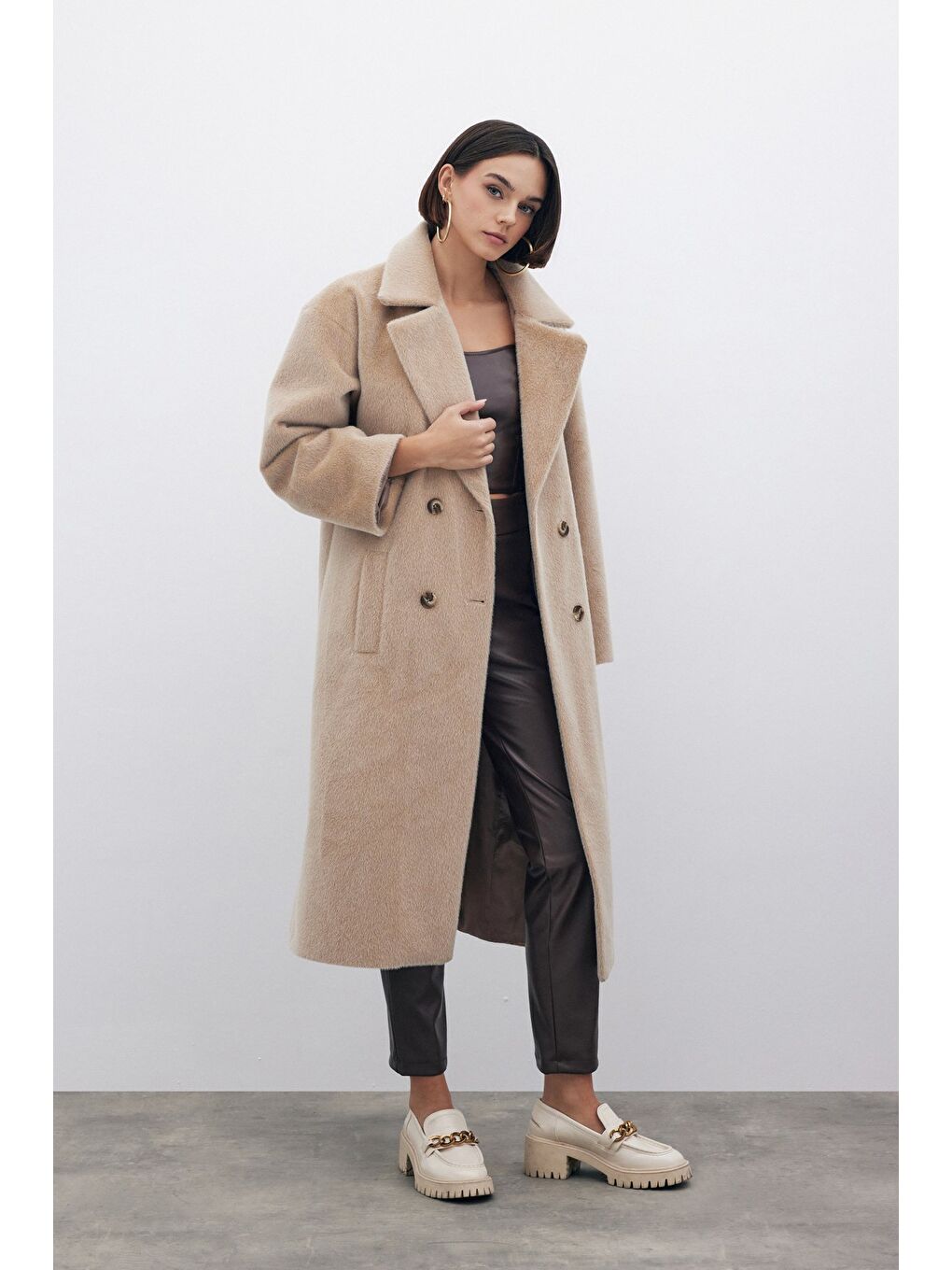 Düğmeli Kaşe Kaban - Bej