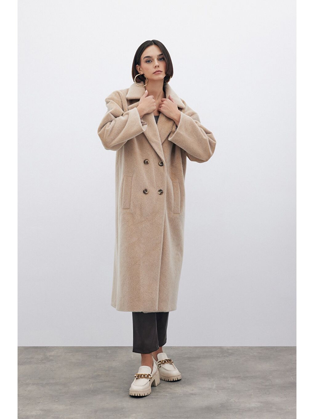 Düğmeli Kaşe Kaban - Bej-1