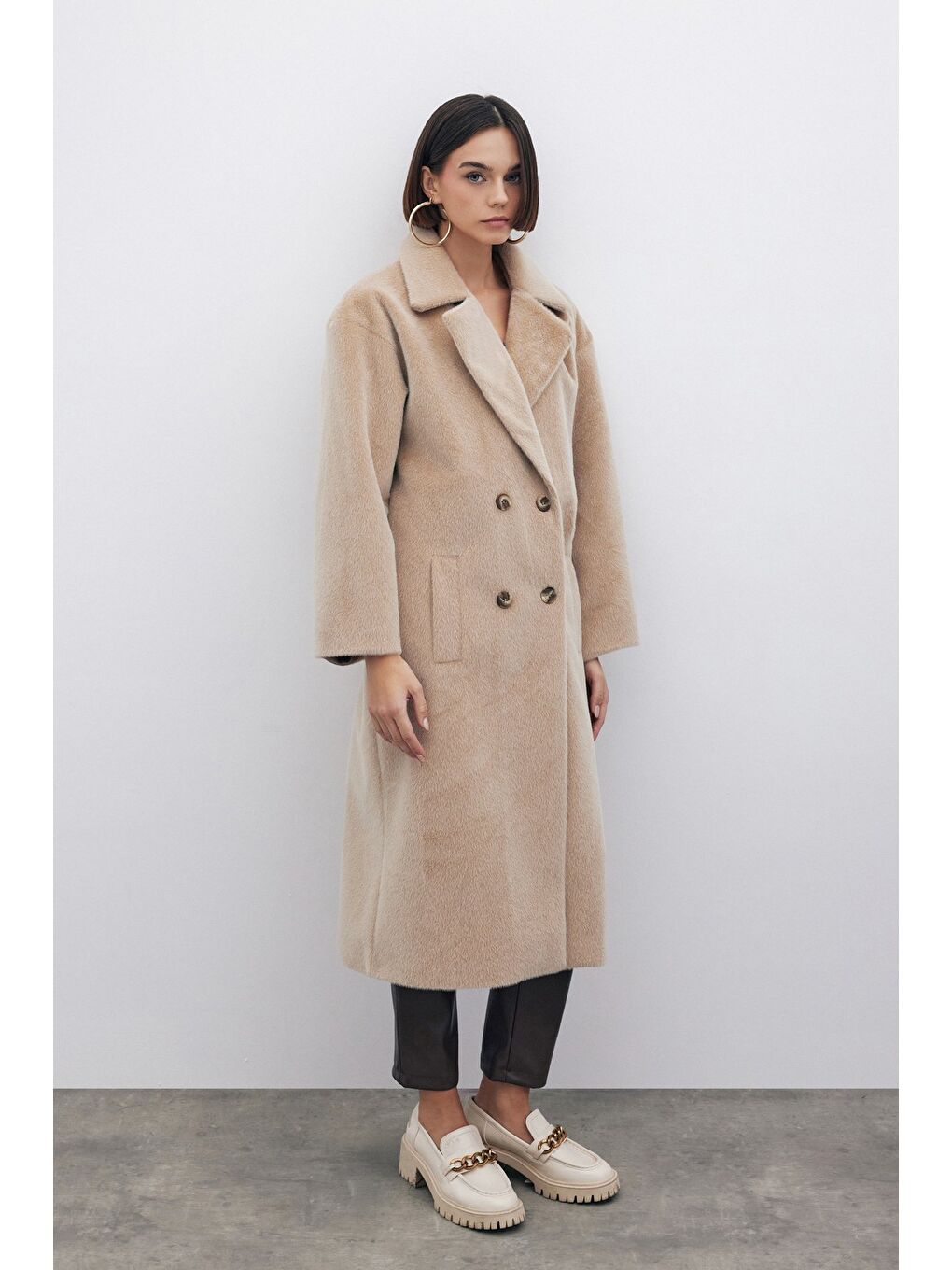 Düğmeli Kaşe Kaban - Bej-2