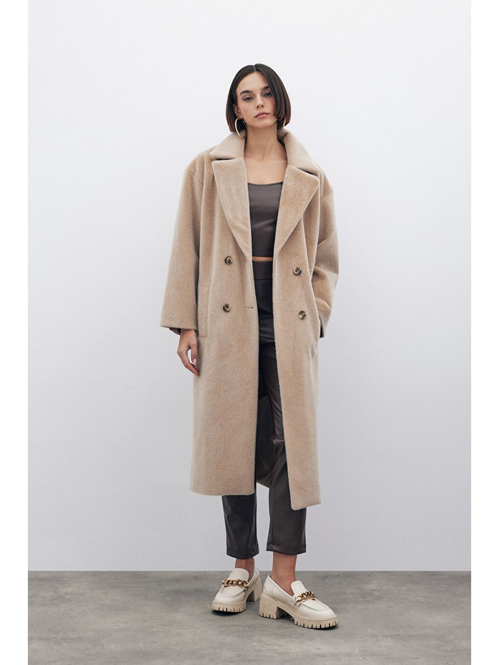 Düğmeli Kaşe Kaban - Bej-3