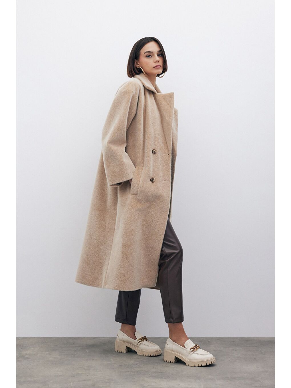 Düğmeli Kaşe Kaban - Bej-4