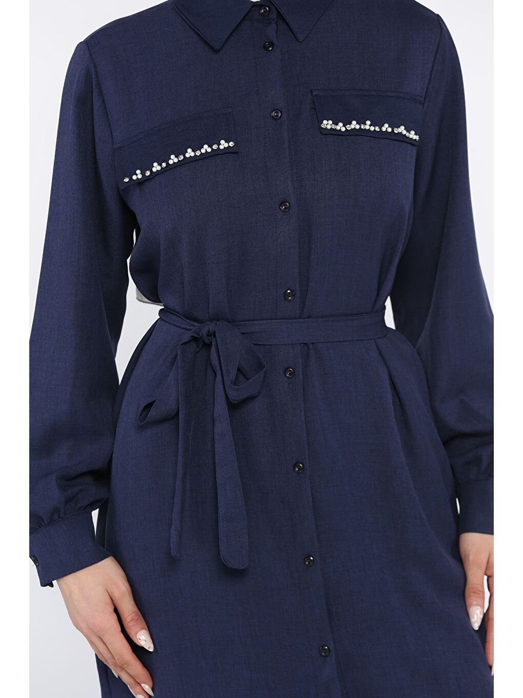 Lacivert Kadın İnci Ve Taş İşlemeli Kuşak Detaylı Tunik Pantolon Tesettür İkili Takım-7