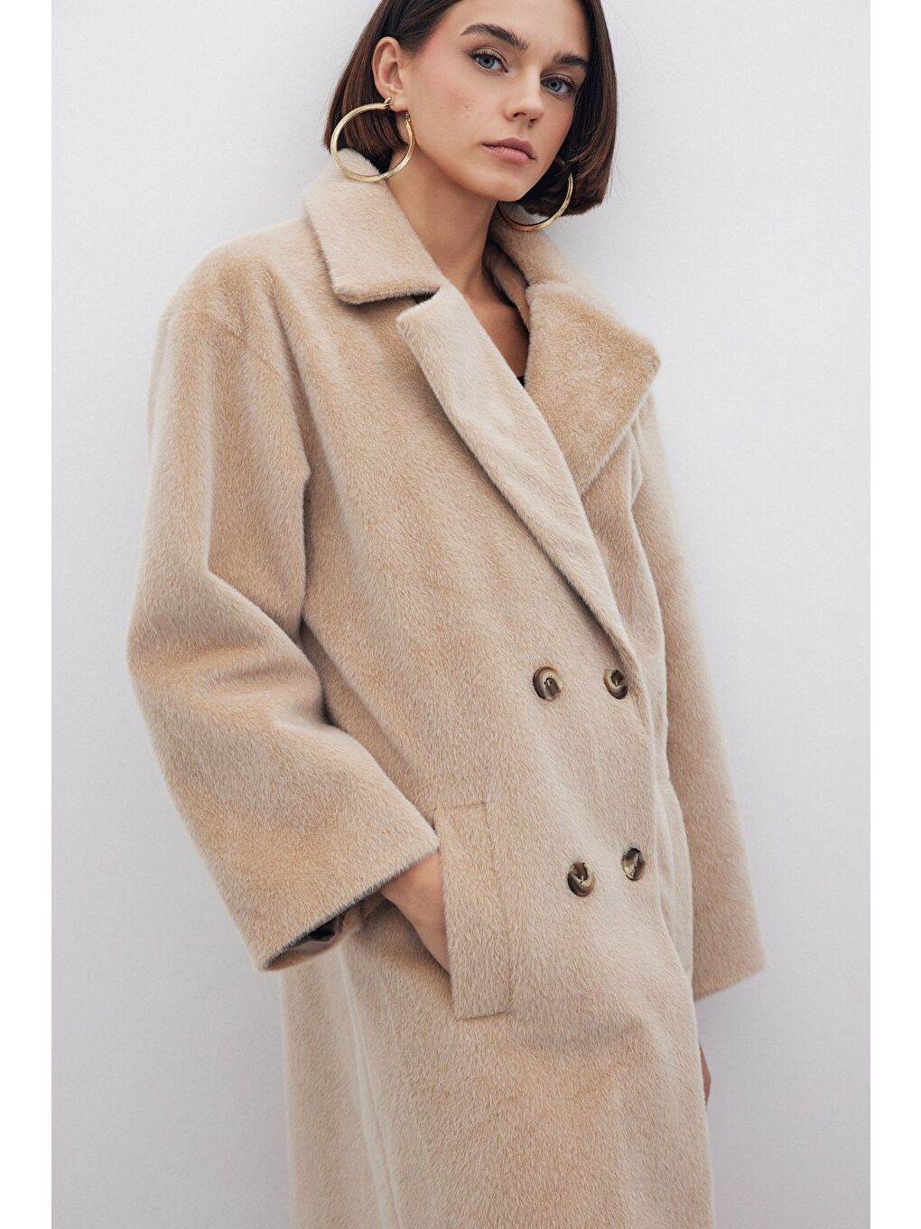 Düğmeli Kaşe Kaban - Bej-5