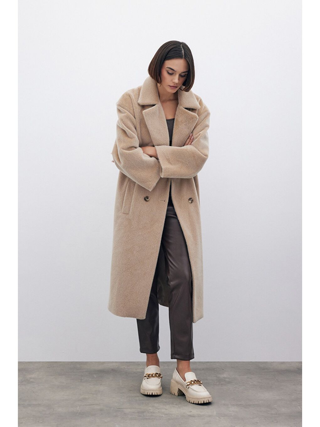 Düğmeli Kaşe Kaban - Bej-6