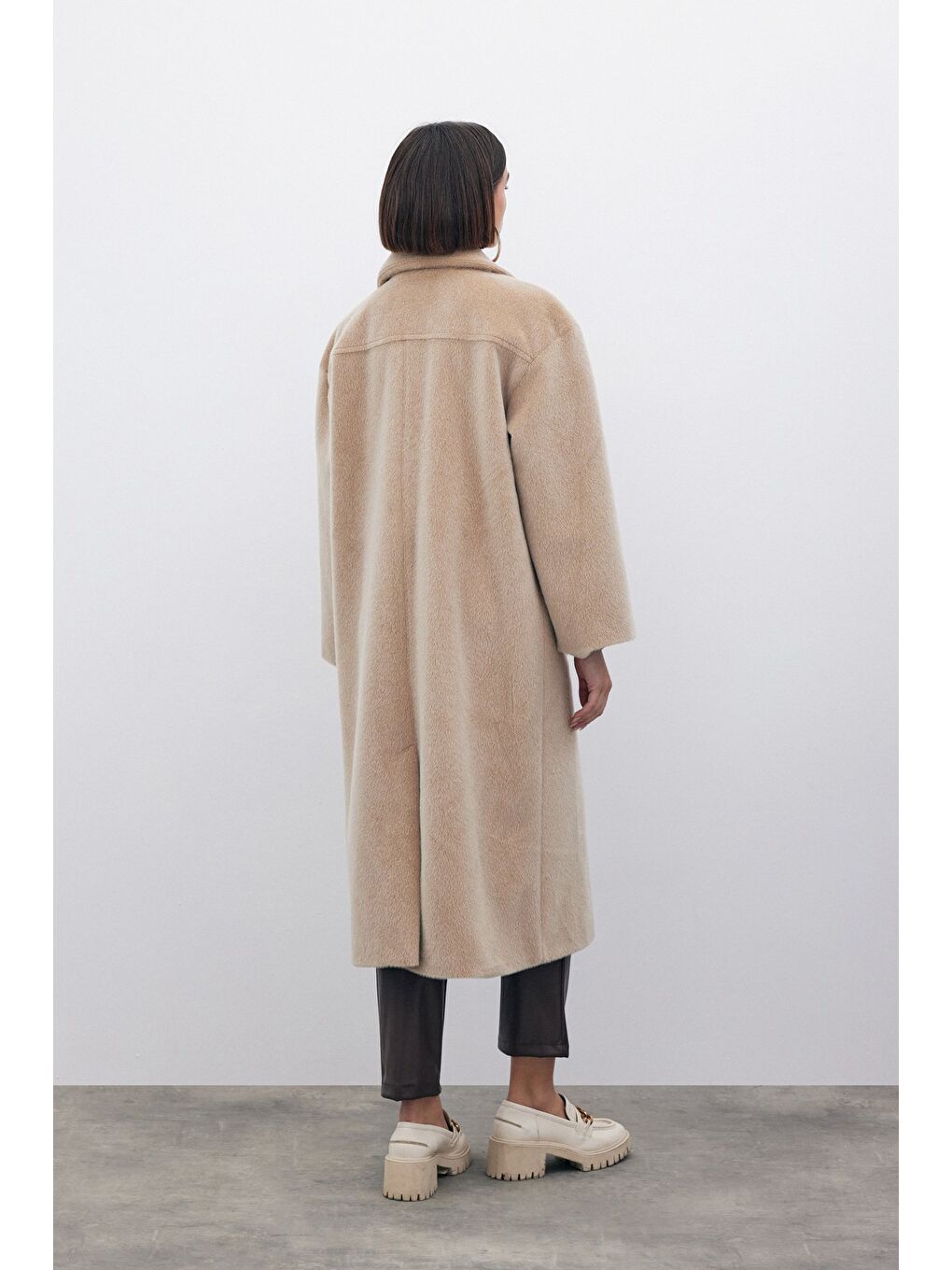 Düğmeli Kaşe Kaban - Bej-7