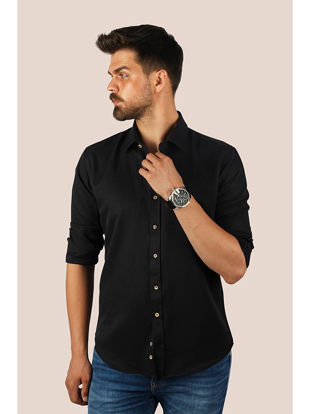 Siyah Kahve Düğmeli Baklava Desen Slimfit Erkek Gömlek-1