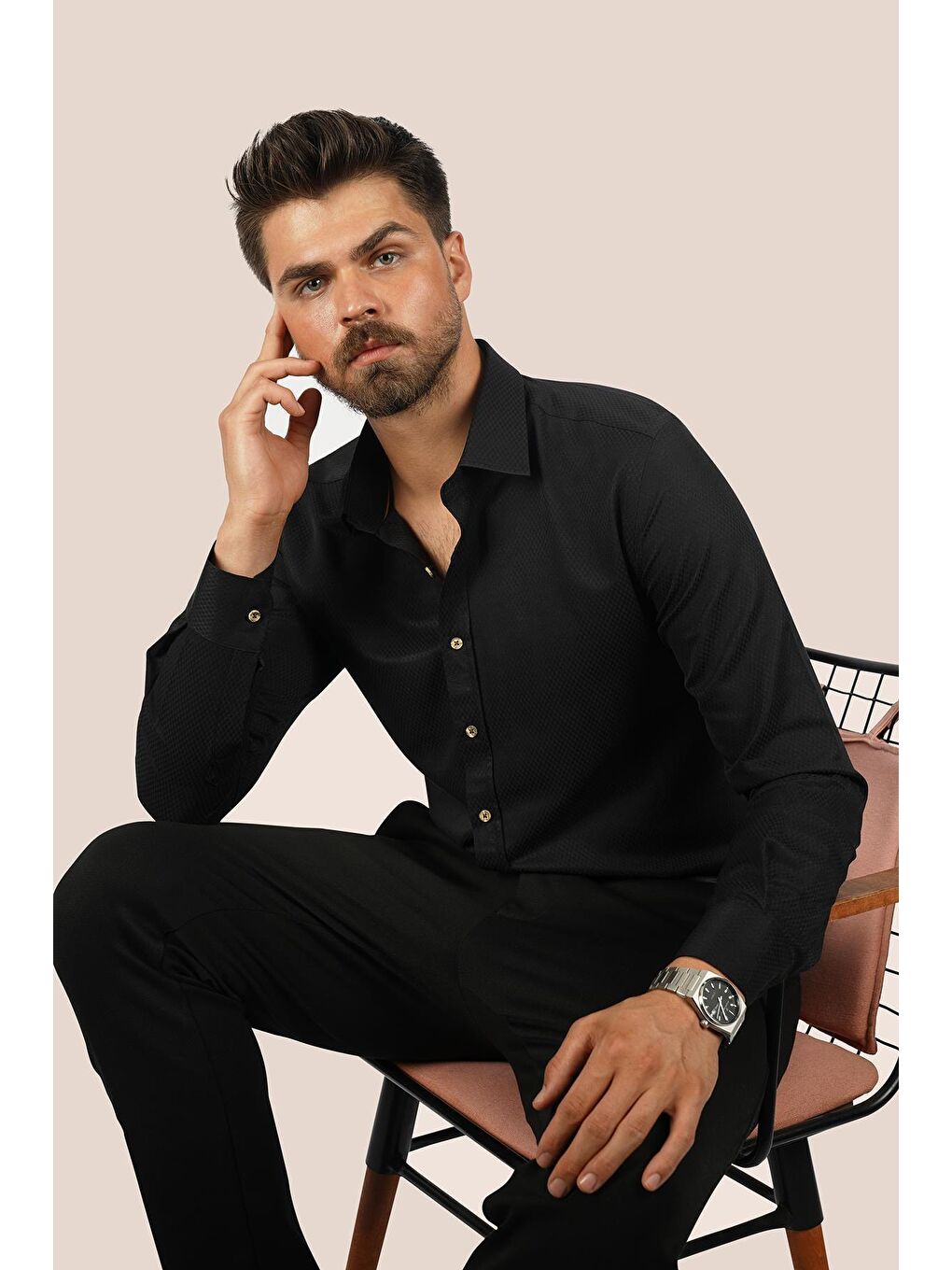 Siyah Kahve Düğmeli Baklava Desen Slimfit Erkek Gömlek-2