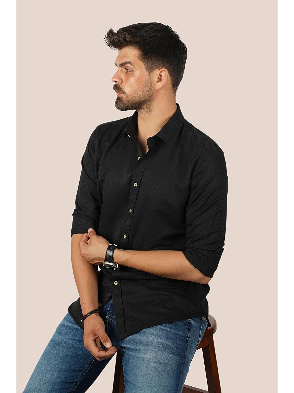 Siyah Kahve Düğmeli Baklava Desen Slimfit Erkek Gömlek-4