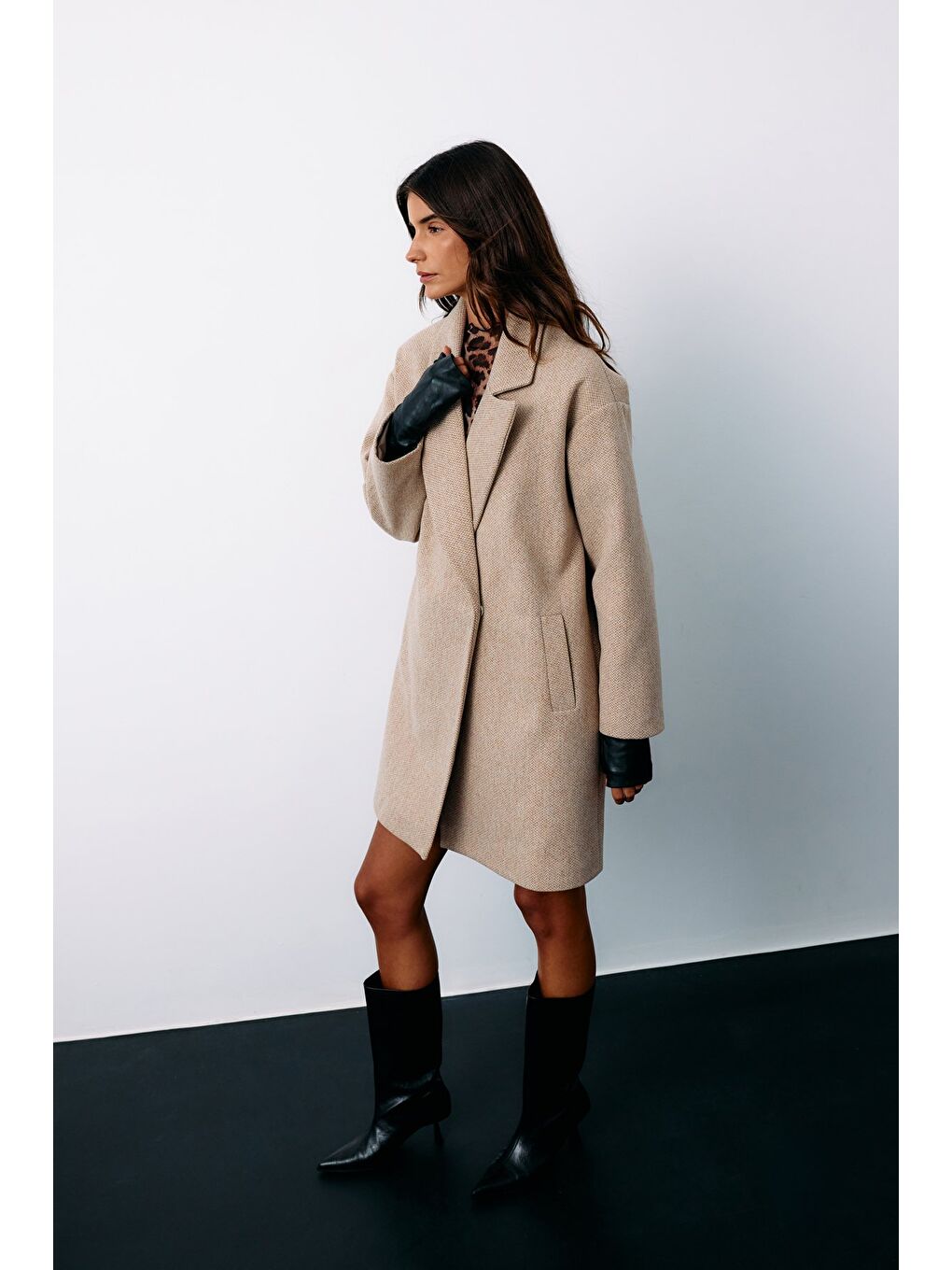 Kahverengi Desenli Kısa Kaban - Camel-1