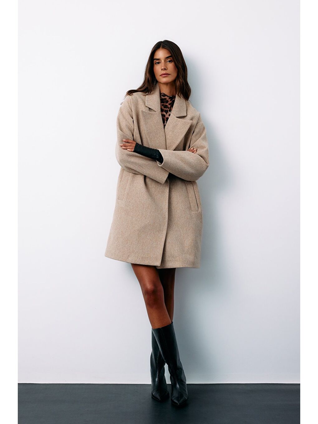 Kahverengi Desenli Kısa Kaban - Camel-4