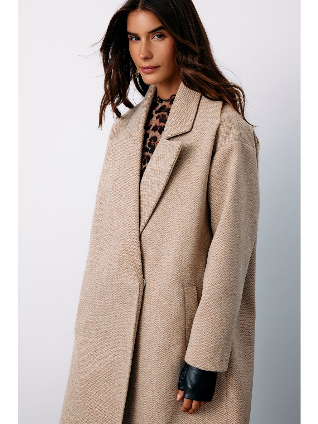 Kahverengi Desenli Kısa Kaban - Camel-6