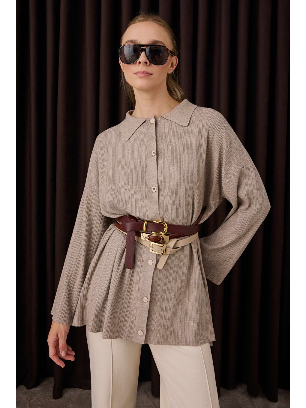 Kahverengi Fitilli Triko Hırka Açık Vizon