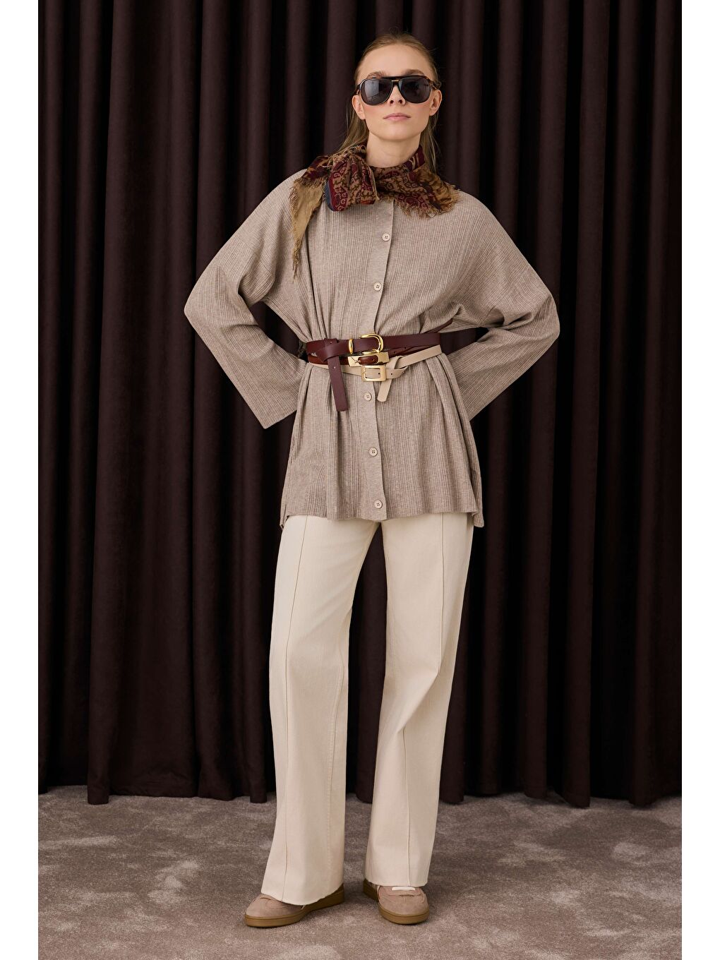 Kahverengi Fitilli Triko Hırka Açık Vizon-1