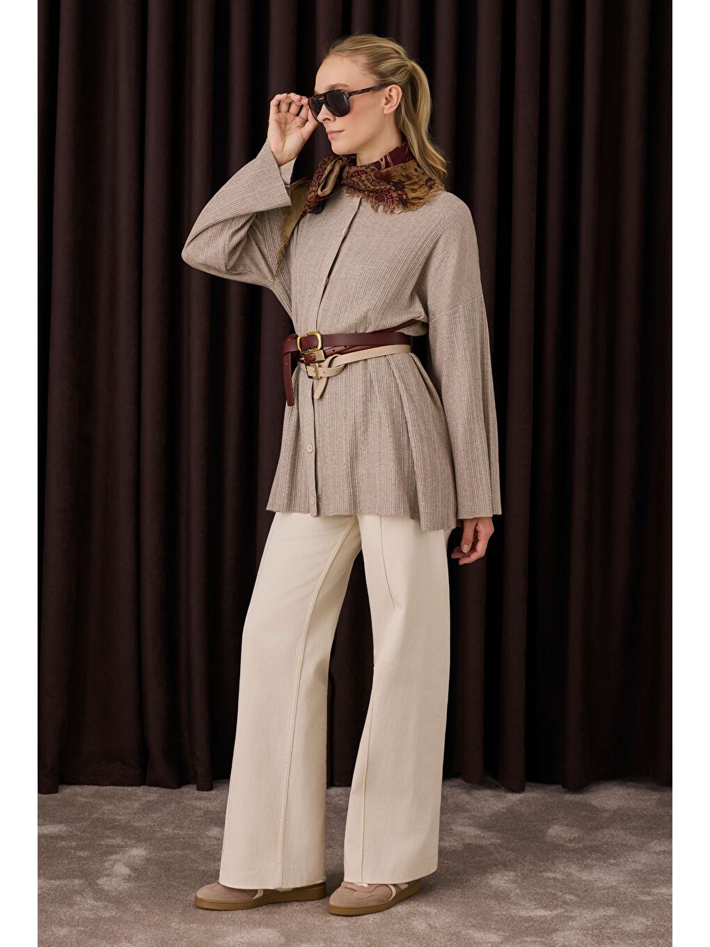 Kahverengi Fitilli Triko Hırka Açık Vizon-2